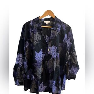 Coldwater Creek Black and Purple Leaf 100% Cotton Sheer Blouse NWT Size 2X